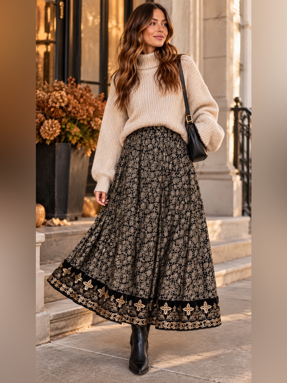 Soft Surroundings Petite Large Maxi Skirt Black Gold Velvet Sequin Boho Luxe